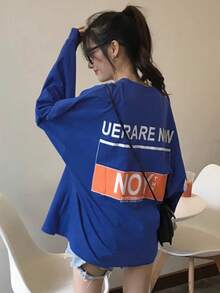 女士宽松休闲街头字母印花长袖 T 恤，百搭日常穿着，春/秋 - 藍色 - 查看 4
