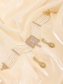 1 Set Fashion Women's Jewelry Set - Earrings & Necklace With Rhinestone Inlaid, Handmade Beaded Bohemian Style Bridal Wedding Dress Accessories, Holiday Gift