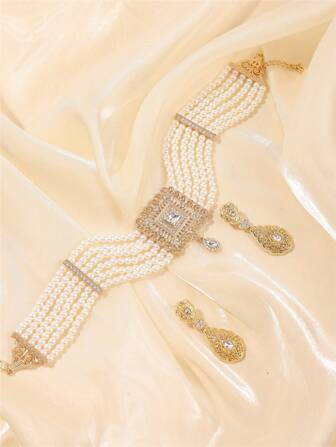 1 set Marokkaanse sieraden voor vrouwen - oorbellen en ketting versierd met strass-steentjes, bohemian bruids- en bruiloftsaccessoires, festivalcadeau