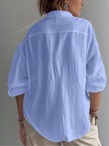 Camisa de mujer de unicolor, manga obispal de manga larga, cuello camisa, parte superior regular para uso diario con parches y botones