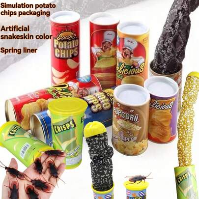 恶作剧玩具，多种选择，包括薯片蛇、坚果罐、饼干桶、搞笑派对娱乐互动道具，薯片蛇+5件蟑螂模型组合更有趣，可重复使用