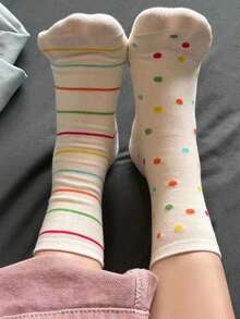 3 双彩色圆点多巴胺设计中筒袜，甜美可爱女孩新奇袜子，秋季 - 彩色 - 查看 4
