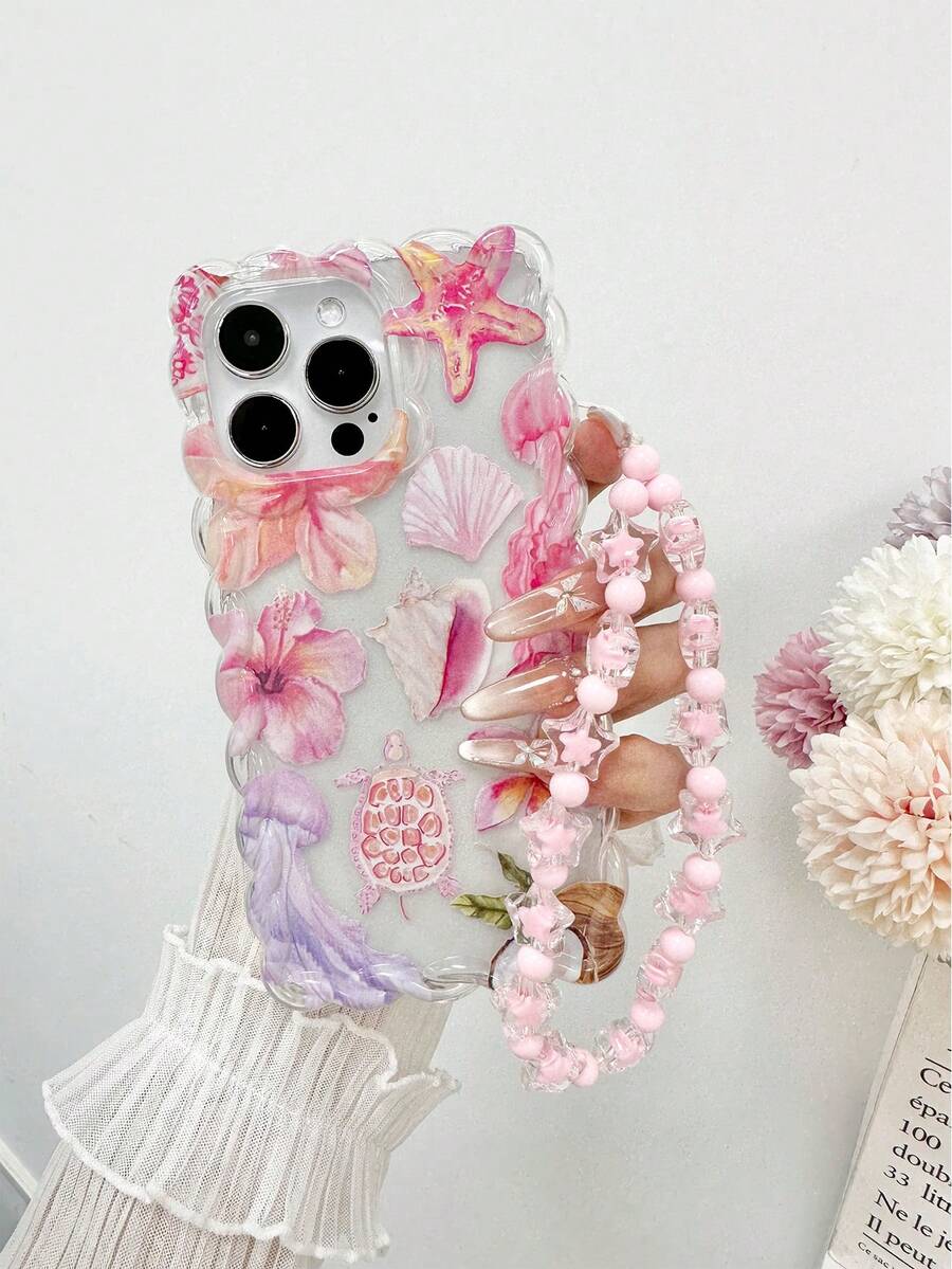 TPU海洋元素花卉手机壳，手工编织波浪边高端TPU花卉海龟彩绘防震手机壳，配手工串珠手链配件，兼容 16/11/16 Pro/16 Plus/16 Pro Max/16 e/15 Pro Max/13/14/12/XS/XR/7G/8 PXR/7/8，防水防摔防刮，生日礼物 - 彩色 - 查看 1