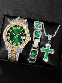 3 PIÈCES/SET Mode HIPHOP Luxe strass Bande d'Acier Calendrier Échelle Romaine Montre à Quartz Homme Avec Ensemble Bracelet strass. Collier Pendentif Croix Zircone Titane. Ensemble Cadeau Collier Bracelet Montre pour Soirées, Fêtes, Clubs Noctunes Décoration Bijoux Accessoires