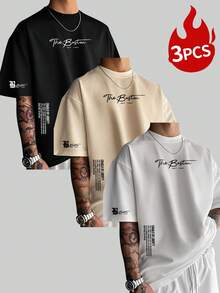 Set de 3 camisetas de manga corta con cuello redondo y estampado de eslogan casual para hombre - Multicolor - Ver 3