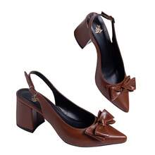 Caramel Brown Slingback Thick Block Heel Leather-Like Pumps Women's Open Back Elegant Comfortable Maricotta - 駝色 - 查看 5