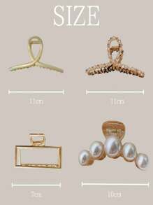 [4-Piece Set] Hair Clip, Hair Accessory, Korean, Sophisticated, Updo, Tied Hair, Fashionable, Pearl, Gold, Clear, Square, Round