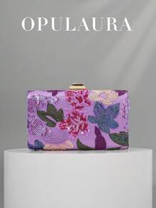 OpulAura Sequin Embroidered Floral Boxy Bag, Vintage Floral Purse, Women's Fashion Sequin Patchwork Clutch, Party & Evening Bag, Random Cutout, Suitable For Parties, Weddings, Galas - Perfect For Parties, Weddings, Galas, Pair With Holiday Party Dresses, Evening Gowns, And Sequined Attire, Sparkling Sequin Bags Ladies Elegant - Purple - View 1