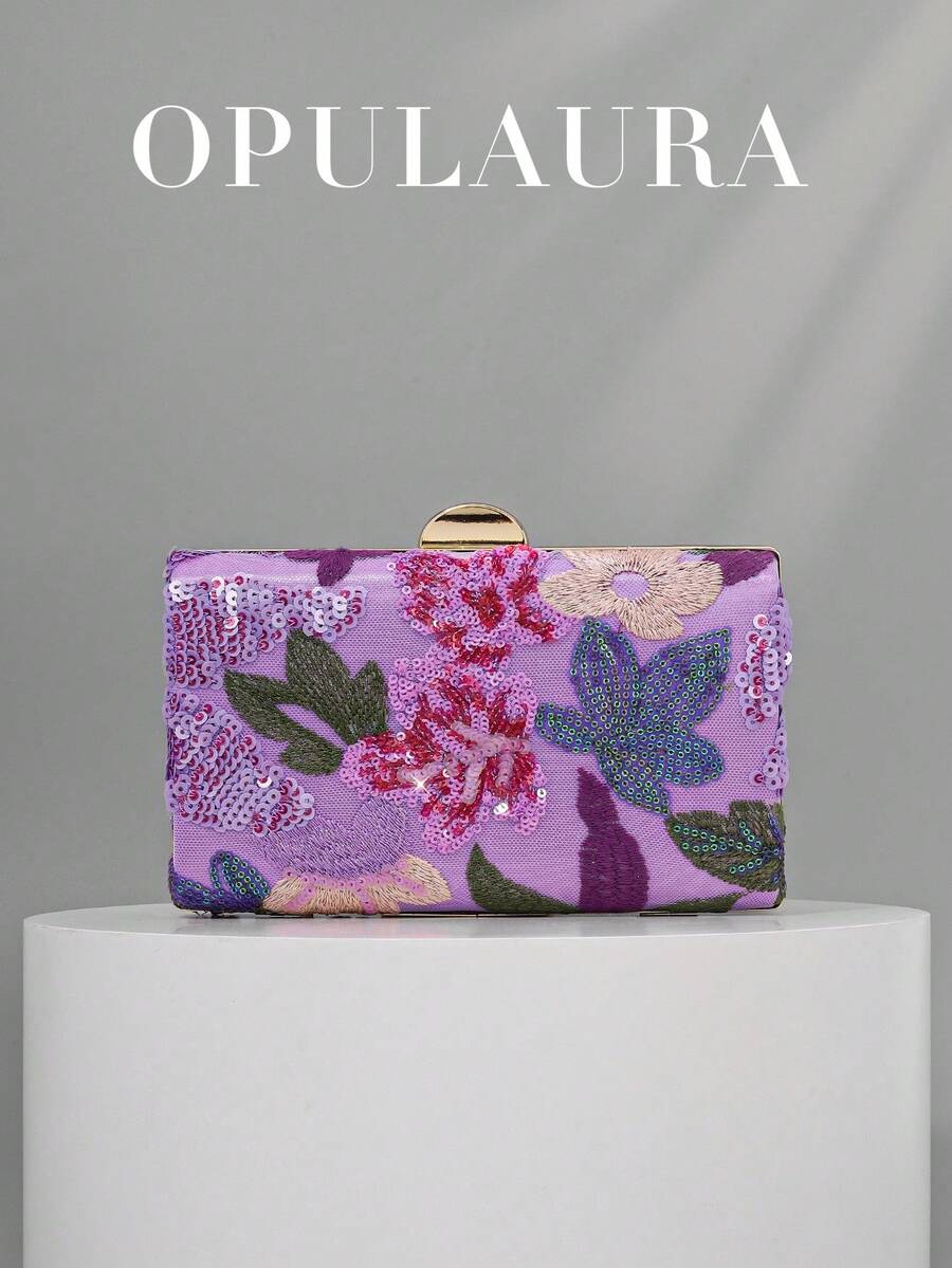 OpulAura Sequin Embroidered Floral Boxy Bag, Vintage Floral Purse, Women's Fashion Sequin Patchwork Clutch, Party & Evening Bag, Random Cutout, Suitable For Parties, Weddings, Galas - Perfect For Parties, Weddings, Galas, Pair With Holiday Party Dresses, Evening Gowns, And Sequined Attire, Sparkling Sequin Bags Ladies Elegant - Purple - View 1