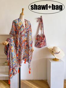 4pcs Women Scarf-Shawl-Hat-Bag Set, Elegant Floral Printed Beach Wrap Scarf+Versatile Scarf+Woven Sun Hat+Fashionable Canvas Tote Bag, Multi-Wear For Vacation Beach, Spring/Summer Travel Accessory Set - Multicolor - View 12