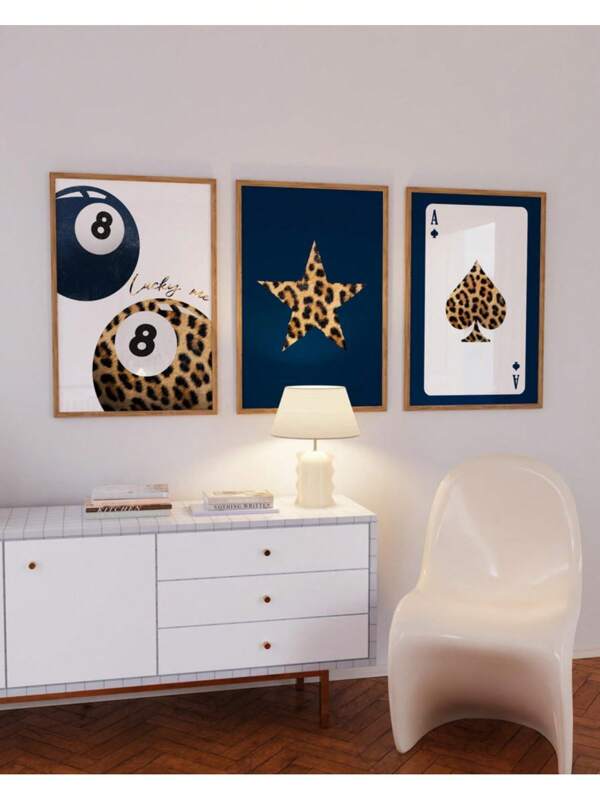 Set Of 3 Leopard Navy Aesthetic Star Lucky 8 Ball Print Set, Dorm Cheetah Leopard Animal Print Star Navy Retro Wall Art Canvas Painting Wall Art For Living Room Decor Optional Frame ,Wall Art With Frame