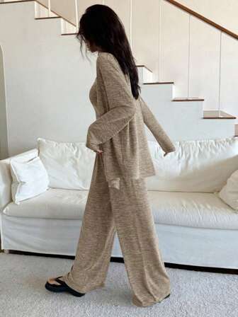 3pcs Soft Knit Fabric Robe , Camisole Top & Pants Homewear Lounge Set, Fall Winter Clothes