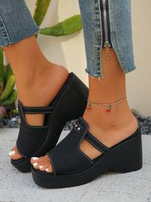 Sandali con zeppa di moda donna di fascia alta, nuovi sandali casual estivi da passeggio, eleganti scarpe da festa  nero con tacco alto di 9 cm