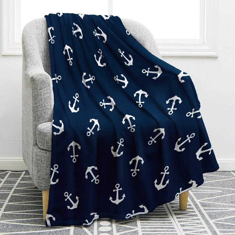 Luxurious Navy Blue Nautical Anchor Blanket - Cozy Double-Sided Flannel With Anchor Pattern, Ideal Gift For Men And Women, Perfect For Birthday, Christmas, Father's Day - All Season Comfort, All Season Blanket | Anchor Pattern Blanket | Polyester Fleece