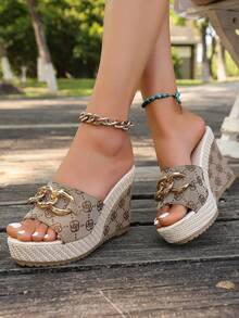 Women's Summer New One-Toe Slide Sandals, Thick Bottom Wedge Heel Slip On Platform Casual Lightweight Non-Slip High Heel Slippers - Khaki - View 4