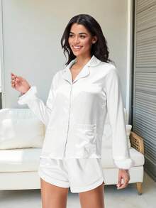 Women Satin Pajamas Set Solid Color Lapel Long Sleeve Tops With Feather Cuffs + Shorts Set Fall Clothes - White - View 5
