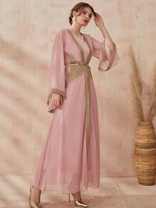 Middle Eastern Abaya Robe Muslim Women's Dress Spring And Summer Abaya Two Pieces Set With Belt Arab Cardigan Robe