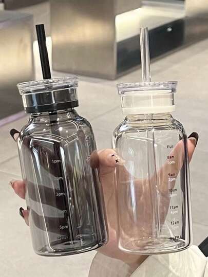 1 个带两个盖子的玻璃水瓶 - 便携式旅行咖啡杯，可重复使用且易于清洁的玻璃材质 - 可追踪加水时间 - 完美的生日礼物 - 现货供应（尺寸表为实物拍摄，纸盒仅作装饰用途。）
