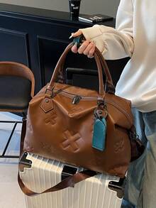 1 Pc Fashionable And Cool Multifunctional Large Capacity Solid Color PU Leather Embossed Soft And Thick Padded Travel Bag With Contrasting Color Boarding Pass Pendant Design Suitable For Both Men And Women For Leisure Vacation&Business Trip And Returning To School