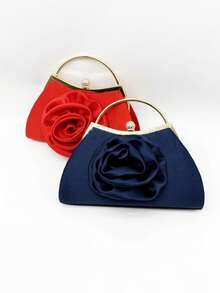 1pc New Satin Rose Flower Evening Clutch Bag, Party Handbag With Rhinestone, Fits Formal Dresses - Navy Blue - View 4