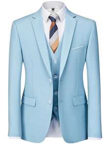Men's 3 PiecesFashion Business Suit Set, Including Jacket, Vest, Pants, Solid Color, Slim Fit, Stretch, Work Formal Wear, Wedding Suit - Baby Blue - View 2