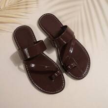 1 Pair Women Flat Sandals, Casual Round Toe Slippers, Comfortable Easy To Wear, Elegant Design, Suitable For Summer Bohemian Style