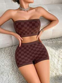 Women's Comfort Casual Plaid Knitted Seamless Crop Top & Boyshort Underwear Set, Elastic Bandeau Bralette & Shorts Combo