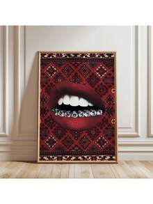 Retro Lips Poster, Wall Art, Rhinestone Lips Clipart, Red Wall Art, Lip On The Carpet Room Decor, Fashion, Carpet Wall Optional Frame ,Wall Art With Frame - Multicolor - View 1
