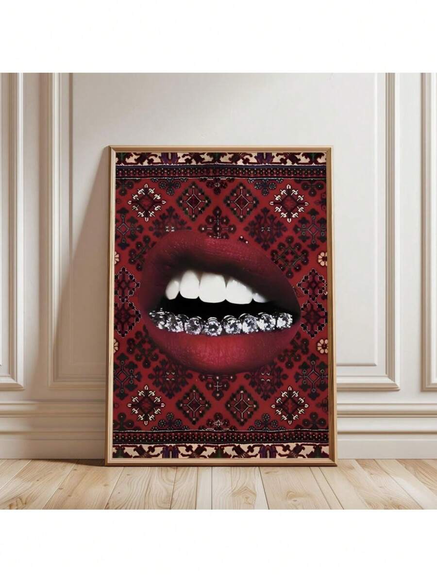 Retro Lips Poster, Wall Art, Rhinestone Lips Clipart, Red Wall Art, Lip On The Carpet Room Decor, Fashion, Carpet Wall Optional Frame ,Wall Art With Frame - Multicolor - View 1