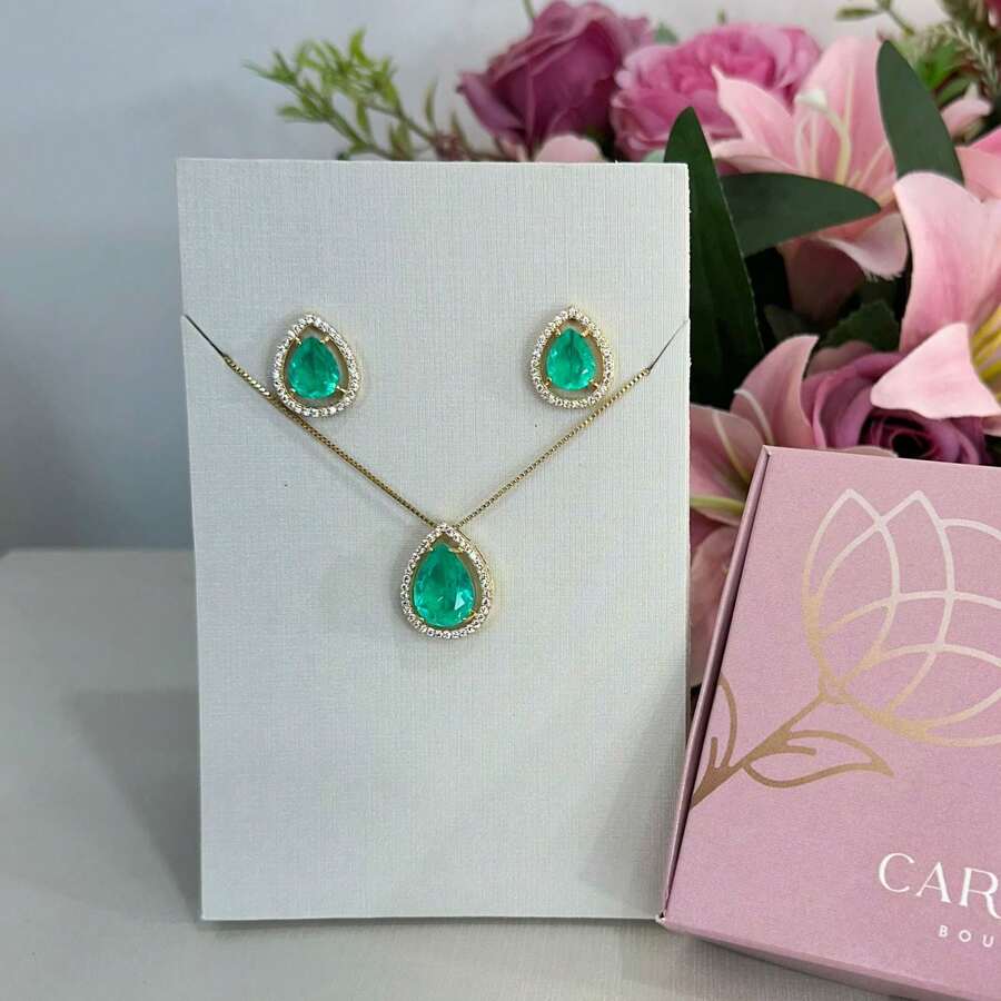 30 Necklace And Earring Set Designs For Mother's Day, Valentine's Day, Birthday, Etc. - Light Green (golden) Drop - View 1