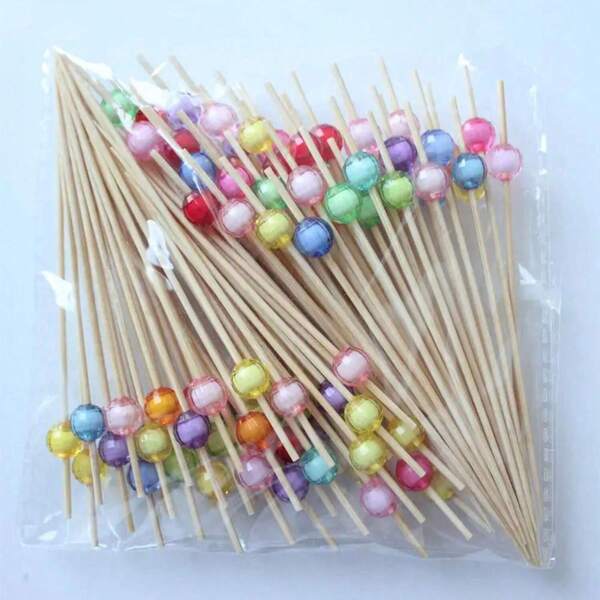 20/50/100/200pcs Elegant Bamboo Picks With Colorful Crystal Pearls, Suitable For Displaying Fruit, Cakes And Snacks, Ideal For Party, Birthday, Graduation, Anniversary, School Events, Valentine's Day Decorations, Fruit Plate Decoration