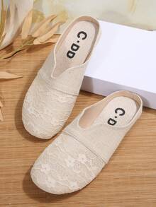 Fall/Winter Women's Summer Lace Hollow-Out Flat Loafers, Comfortable Linen Slip-On Mule Sandals - Beige - View 5
