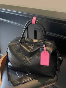 1 Pc Fashionable And Cool Multifunctional Large Capacity Solid Color PU Leather Embossed Soft And Thick Padded Travel Bag With Contrasting Color Boarding Pass Pendant Design Suitable For Both Men And Women For Leisure Vacation&Business Trip And Returning To School