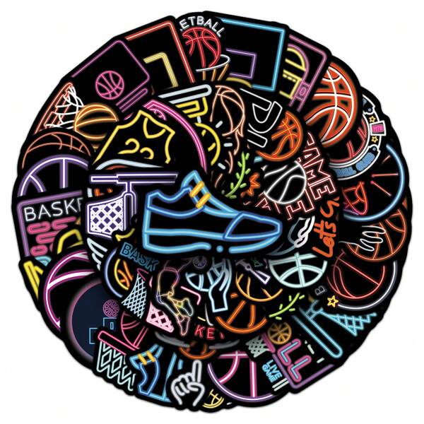 50PCS Neon Basketball Stickers Vinyl Aesthetics Stickers Scrapbooking, Diary, Bumper, Skateboard, Water Bottle, Cartoon, Hard Hat, Car Stickers And Decals