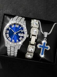 3 PIÈCES/SET Mode HIPHOP Luxe strass Bande d'Acier Calendrier Échelle Romaine Montre à Quartz Homme Avec Ensemble Bracelet strass. Collier Pendentif Croix Zircone Titane. Ensemble Cadeau Collier Bracelet Montre pour Soirées, Fêtes, Clubs Noctunes Décoration Bijoux Accessoires