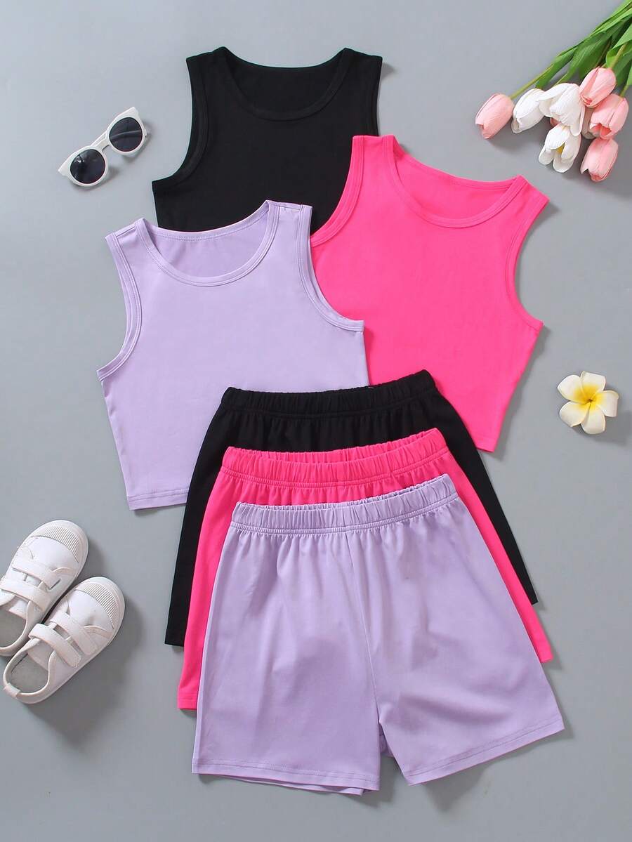 6 件套青春期前女童休闲运动风格纯色圆领无袖短款上衣和简约短裤套装，适合夏季 - 彩色 - 查看 1