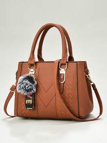 新款单肩包，配有毛球吊坠，休闲风格，母亲节礼物，妈妈必备，适合办公室、大学、工作、商务、通勤、户外、旅行及各种场合。 - 棕色 - 查看 5