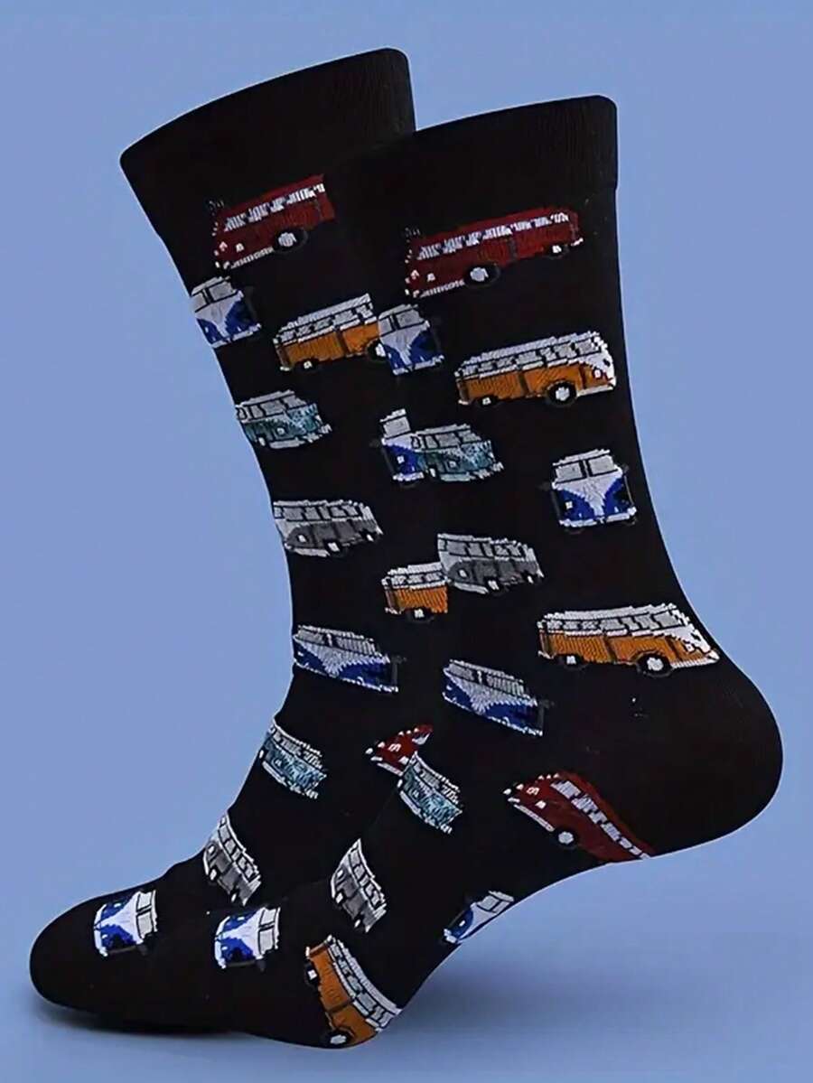 1 Pair Of Innovative And Bus Pattern Warm Men's Mid Tube Socks - Multicolor - View 1