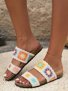 2025 New Colorful Floral Crochet Embroidery Handmade Accessories, Boho Farmhouse Decor Slippers, Travel Beach Sandals, Holiday - Beige - View 3