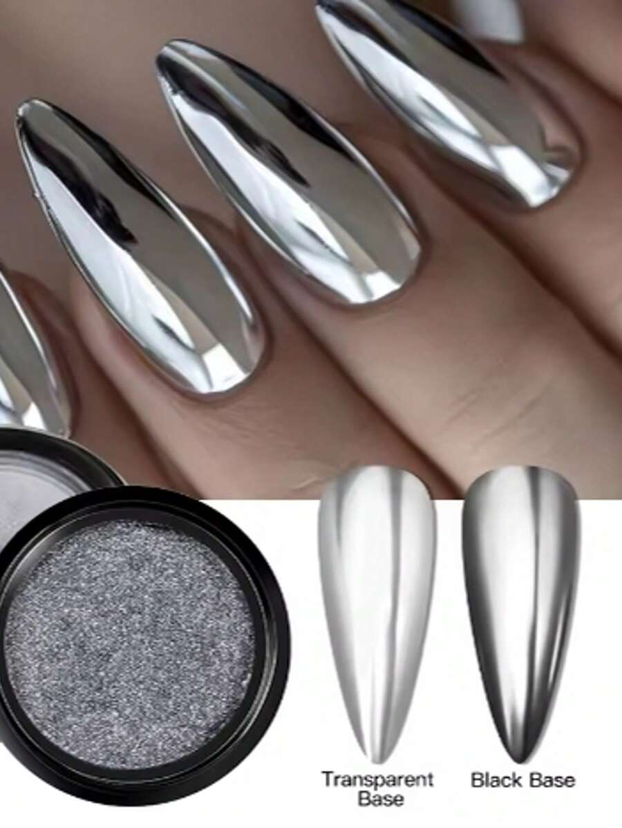一套金色铬镜美甲粉，金属金色闪粉美甲颜料，包含1支眼影棒和粉 - 銀色 - 查看 1
