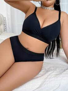 Plus Size Women's Solid Color Casual & Comfort Minimalist Wireless Bra Set, Lift - Black - View 5