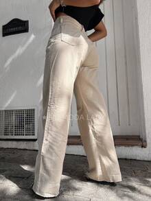 SJD MODA LADY Mom Jeans Wide Leg Simple Casual Pants Without Lycra Hem Cut Ripped - 米色 - 查看 3