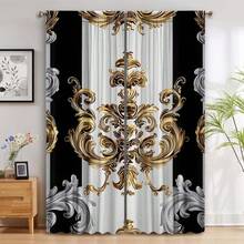 2pcs Black & White Bohemian Style Floral Curtains, Golden Modern Art Printed Curtains With Rod Pockets, Polyester, Classic Style For Bedroom, Office, Kitchen, Living Room, Home Decor