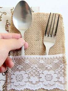10/20/50 Pcs/Set Linen Cutlery Bags, Linen Knife Fork Bags With Lace, Lace Utensil Holder Bags, Cutlery Napkin Silverware Bags, Christmas Silverware Holders, Wedding Table Decoration, Wedding Decorations, 21*11cm - Brown - View 12