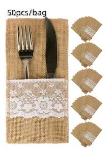 10/20/50 Pcs/Set Linen Cutlery Bags, Linen Knife Fork Bags With Lace, Lace Utensil Holder Bags, Cutlery Napkin Silverware Bags, Christmas Silverware Holders, Wedding Table Decoration, Wedding Decorations, 21*11cm - Brown - View 13