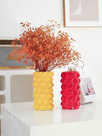 1 pieza Jarrón de cerámica con tema de frutas de moda - Patrón de limón y fresa, decoración de estilo mediterráneo para la habitación, detalles en relieve, regalo de cumpleaños para el hogar, adecuado para flores secas e hidropónicos, adecuado para sala de estar, oficina y estantería, jarrón, decoración del hogar, centro de mesa, decoración de mesa de comedor