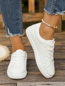 Zapatillas blancas con diseño de patrón geométrico para mujer talla grande, zapatos deportivos informales y de moda con cordones planos para estudiantes y escuela (por favor, pide una talla talla grande grande ya que los zapatos son pequeños) - Blanco - Ver 7