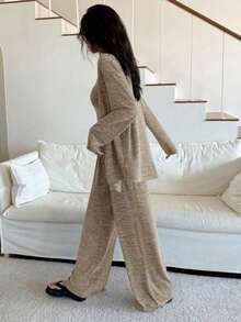 3pcs Soft Knit Fabric Robe , Camisole Top & Pants Homewear Lounge Set, Fall Winter Clothes
