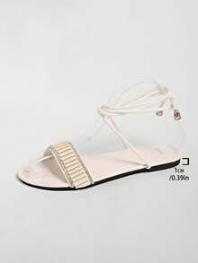 Sandale de vară pentru femei, cu strasuri și dantelă, casual, plate, cu croială largă, mărime Plus - alb - Vizualizare 8