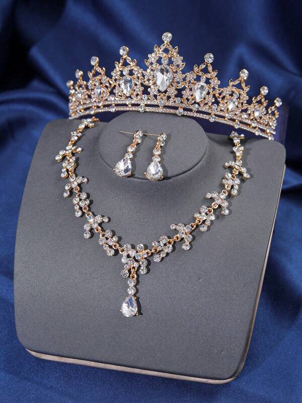 Juego de 4 piezas de joyería para bodas y eventos, diadema nupcial, collar, pendientes, diseño clásico de cristal y strass, adecuado para novias, damas de honor, fiestas, bailes de graduación